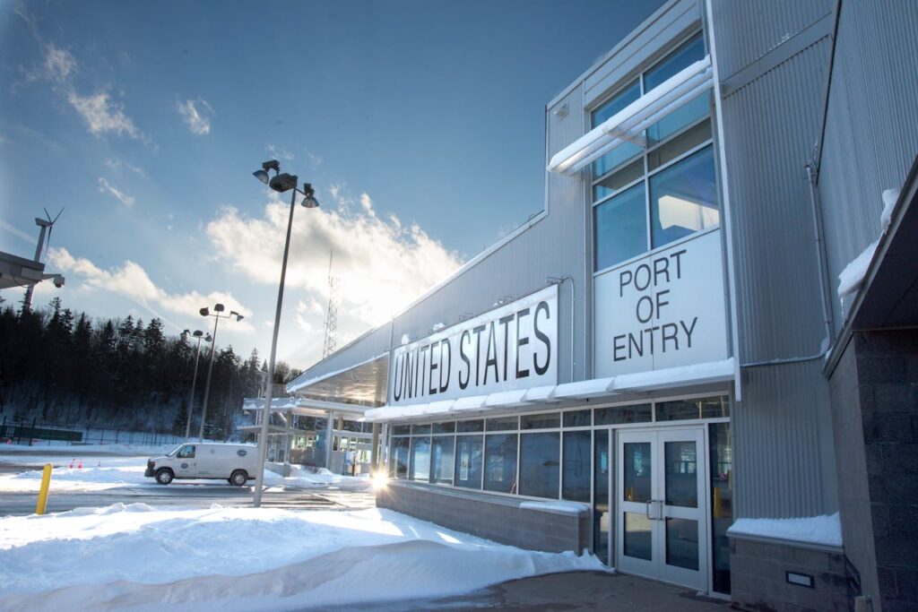 Sunny winter day at the United States international border port of entry.